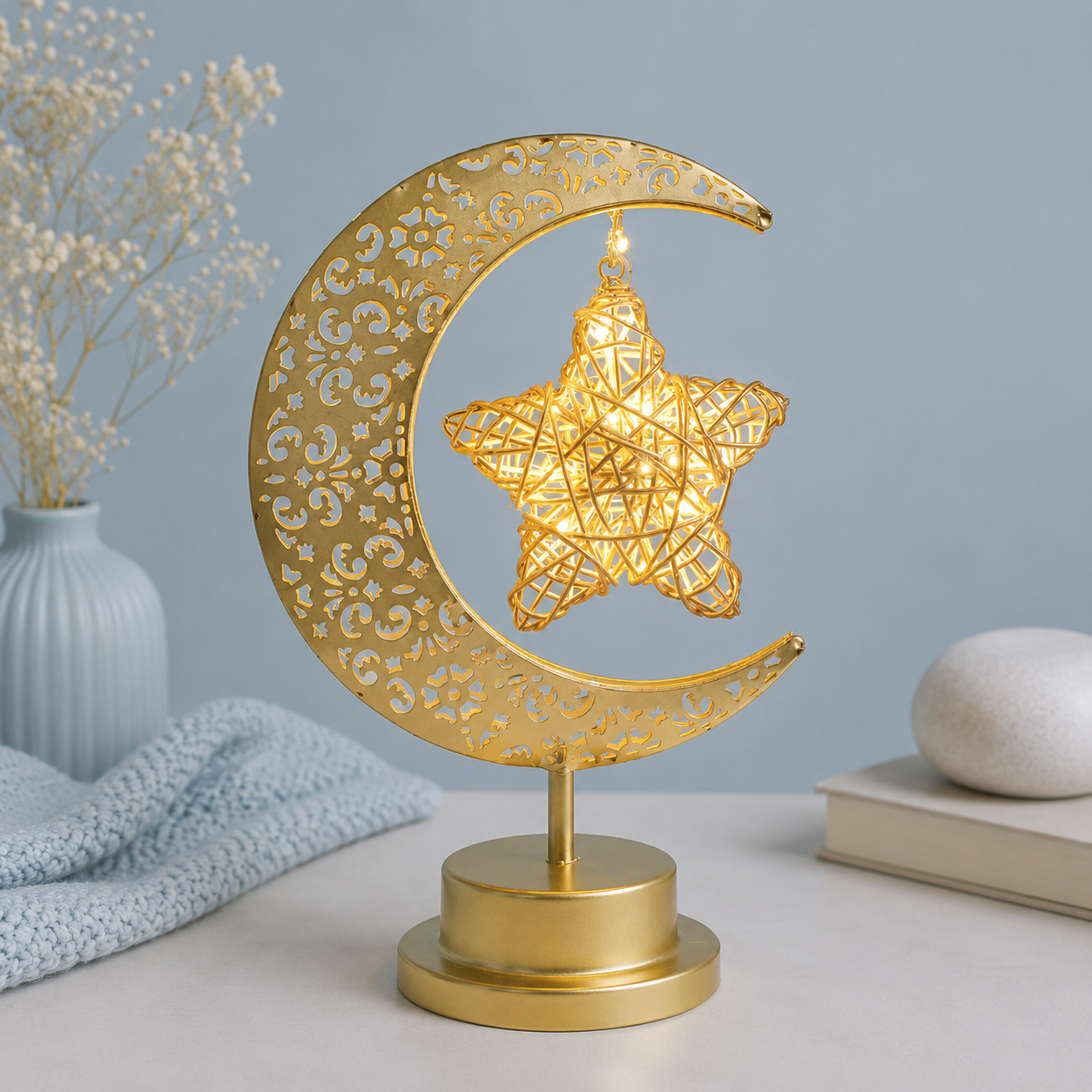 Lampe Lune Enchantée Étoile Tressée dorée allumée avec étoile lumineuse suspendue, éclairage LED décoratif sur fond greige bleu poudre, idéale pour le salon, la chambre ou le bureau.