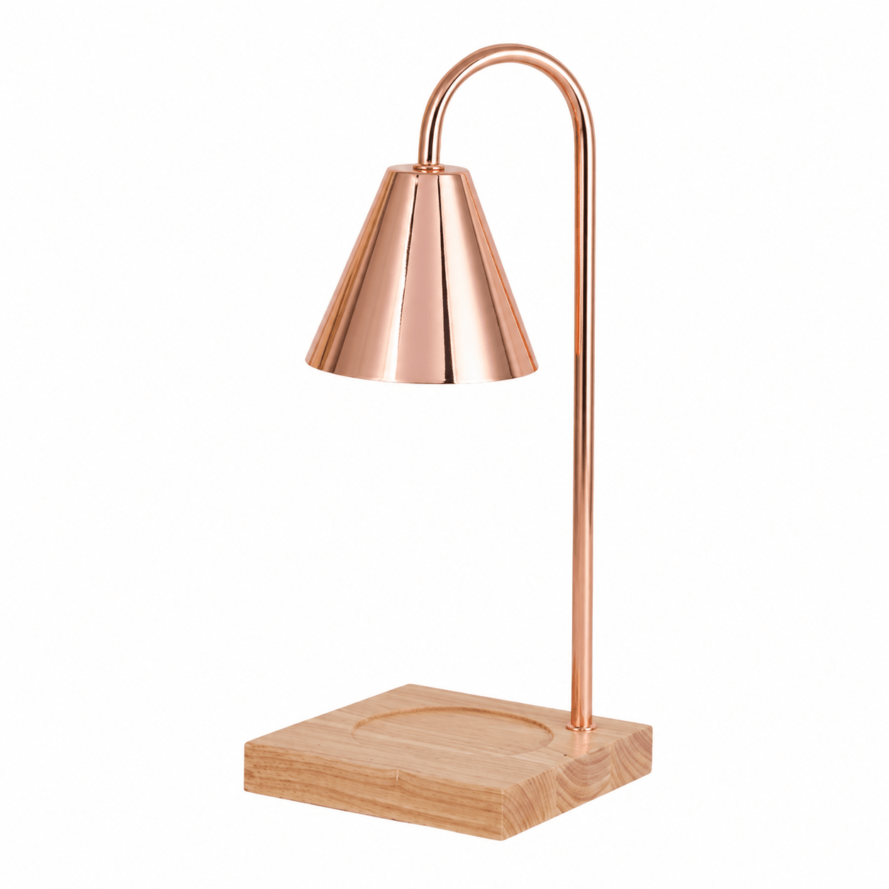 Lampe chauffe-bougie aromathérapie premium couleur cuivre rosé avec base en bois naturel. Design élégant et raffiné conçu pour faire fondre les bougies parfumées sans flamme et diffuser leurs fragrances de façon uniforme dans une ambiance chaleureuse et apaisante
