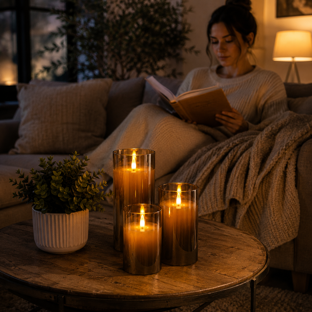 Lumière douce de bougies LED décoratives sur une table basse accompagnant un moment de détente et de lecture dans un intérieur chaleureux et raffiné.