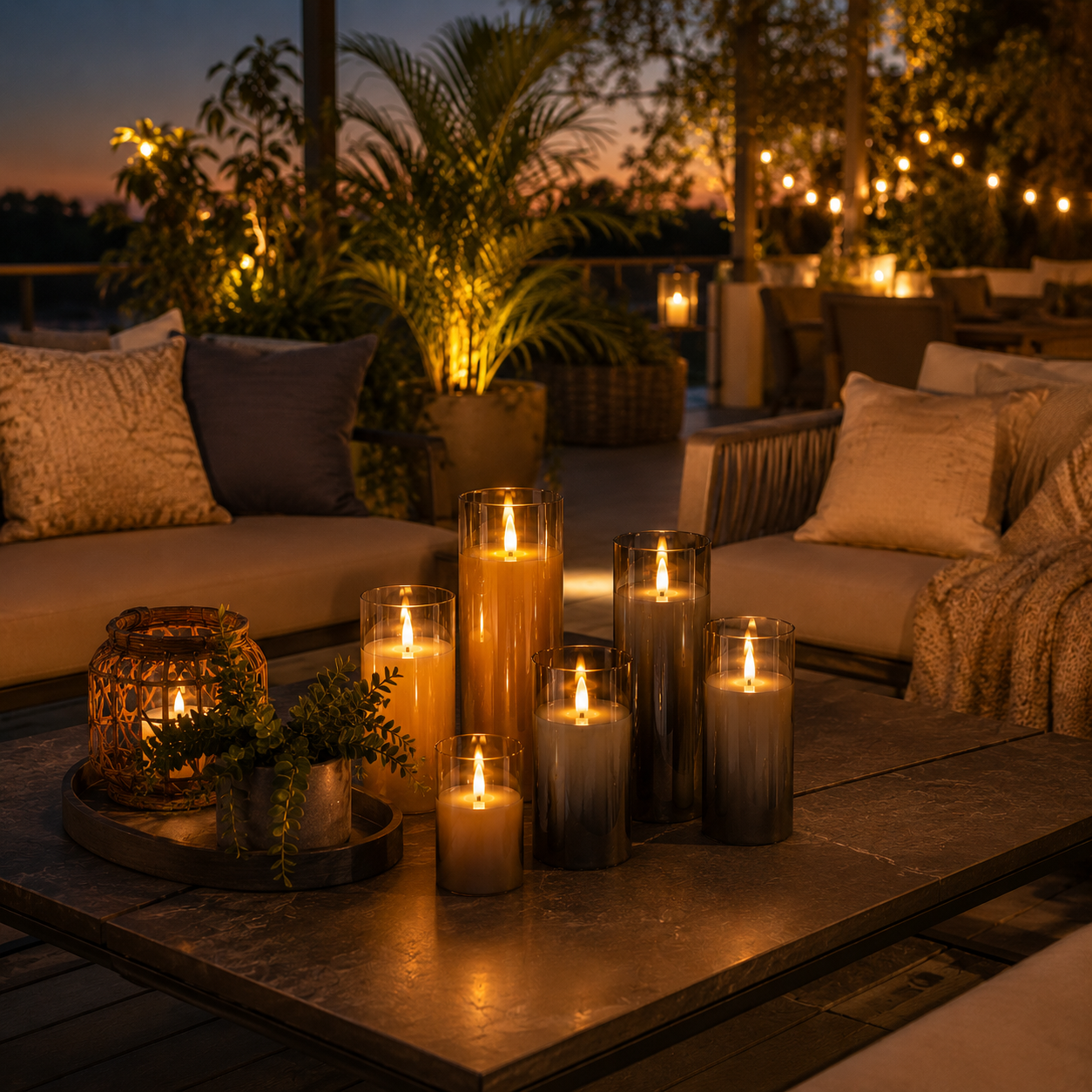 Lumière douce des bougies LED décoratives sur une terrasse élégante au coucher du soleil, créant un espace chaleureux propice à la détente et aux soirées estivales.
