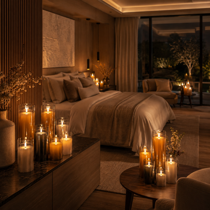 Bougies LED Harmonie & Élégance en verre transparent, fumé et doré mises en scène dans une suite luxueuse aux tons naturels, créant une ambiance chaleureuse, raffinée et intemporelle.