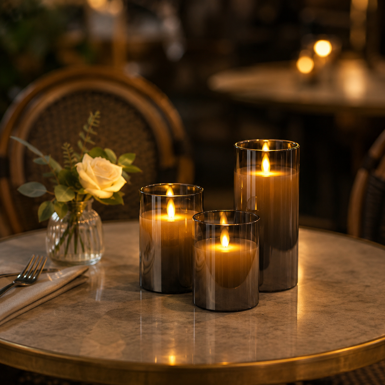 Bougies LED Harmonie & Élégance en verre fumé mises en scène sur une table de bistro haut de gamme avec rose blanche et éclairage tamisé, dans une ambiance chic et intemporelle.