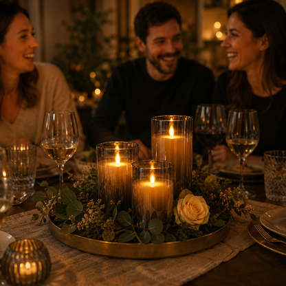 Bougies LED rechargeables Harmonie & Élégance en verre fumé illuminant une table de réception avec décoration florale dans une ambiance chaleureuse et raffinée.