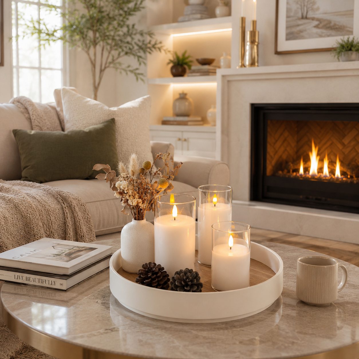 Centre de table décoratif avec bougies LED rechargeables, vase de fleurs séchées et accessoires naturels, dans un salon haut de gamme illuminé par un foyer chaleureux.