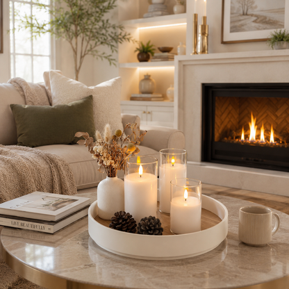 Centre de table décoratif avec bougies LED rechargeables, vase de fleurs séchées et accessoires naturels, dans un salon haut de gamme illuminé par un foyer chaleureux.