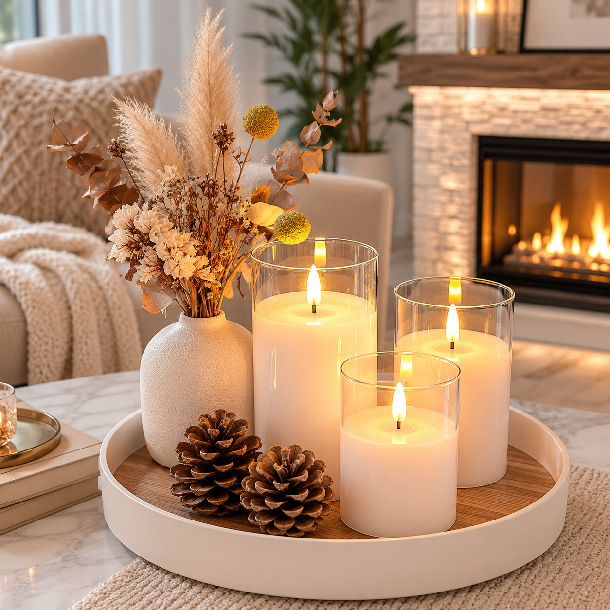 Bougies LED rechargeables Harmonie & Élégance sur plateau décoratif avec fleurs séchées, illuminant un salon chaleureux avec foyer et décoration naturelle.