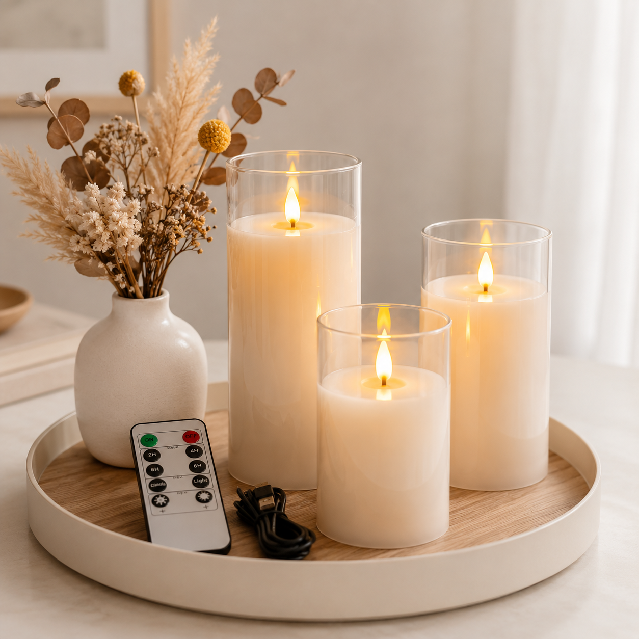 Bougies LED rechargeables Harmonie & Élégance en verre transparent avec télécommande et câble USB, créant une ambiance lumineuse douce dans un décor élégant et apaisant