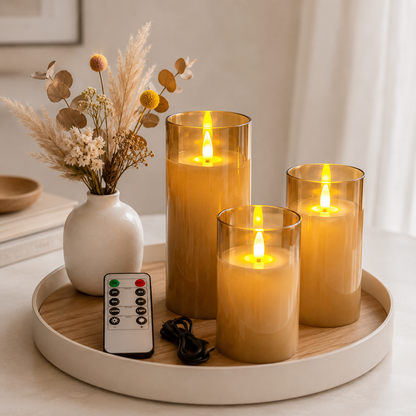 Bougies LED rechargeables Harmonie & Élégance en verre doré avec télécommande, offrant une lumière chaleureuse et une touche d'élégance à tout espace de vie.