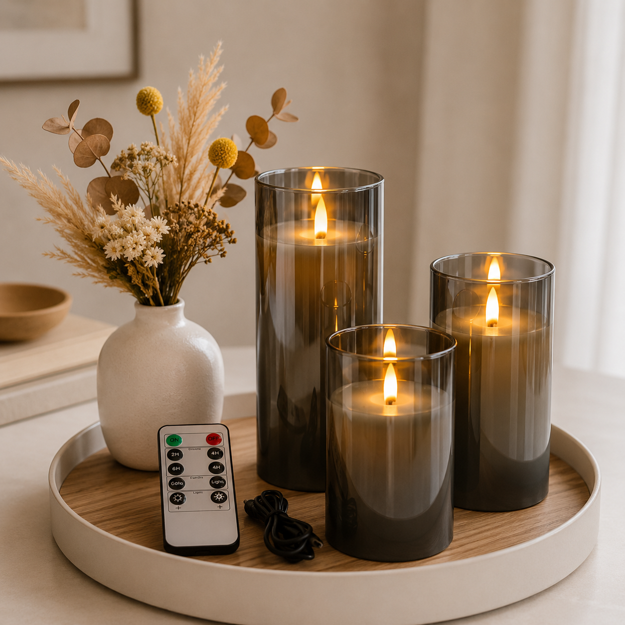 Bougies LED rechargeables Harmonie & Élégance en verre fumé avec télécommande, offrant une lumière chaleureuse et une touche de raffinement moderne à votre décoration intérieure.