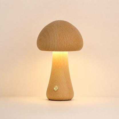 Lampe champignon en bois naturel clair rechargeable diffusant une lumière douce et chaleureuse sur fond beige minimaliste.