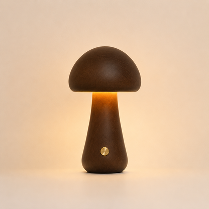 Lampe champignon en bois naturel foncé rechargeable avec éclairage LED chaleureux sur fond beige épuré.