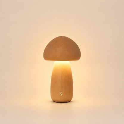 Grande lampe champignon en bois clair offrant une lumière d'ambiance douce et apaisante dans un style naturel.