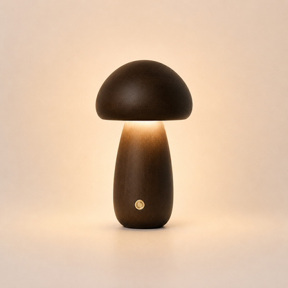 Grande lampe champignon en bois foncé rechargeable créant une ambiance chaleureuse et élégante.