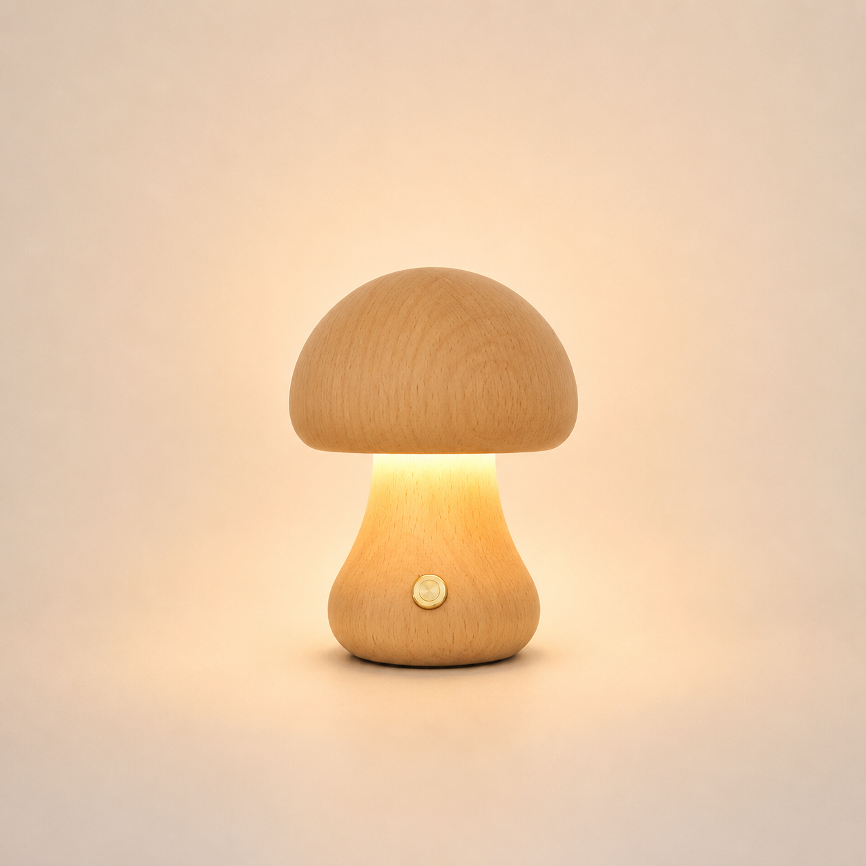 Lampe champignon compacte en bois naturel clair idéale pour créer une ambiance douce et relaxante.