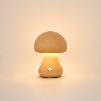 Lampe champignon compacte en bois naturel clair idéale pour créer une ambiance douce et relaxante.