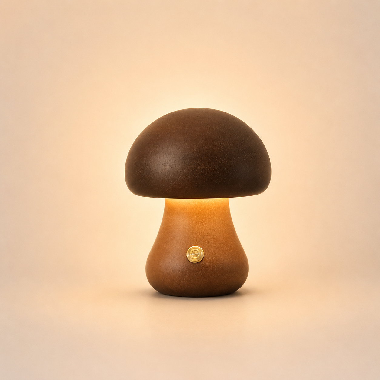 Lampe champignon décorative en bois foncé avec lumière tamisée pour chambre, salon ou bureau.