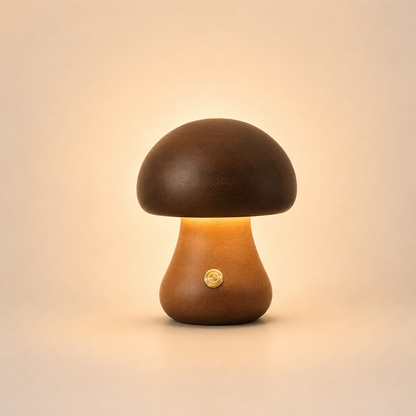 Lampe champignon décorative en bois foncé avec lumière tamisée pour chambre, salon ou bureau.
