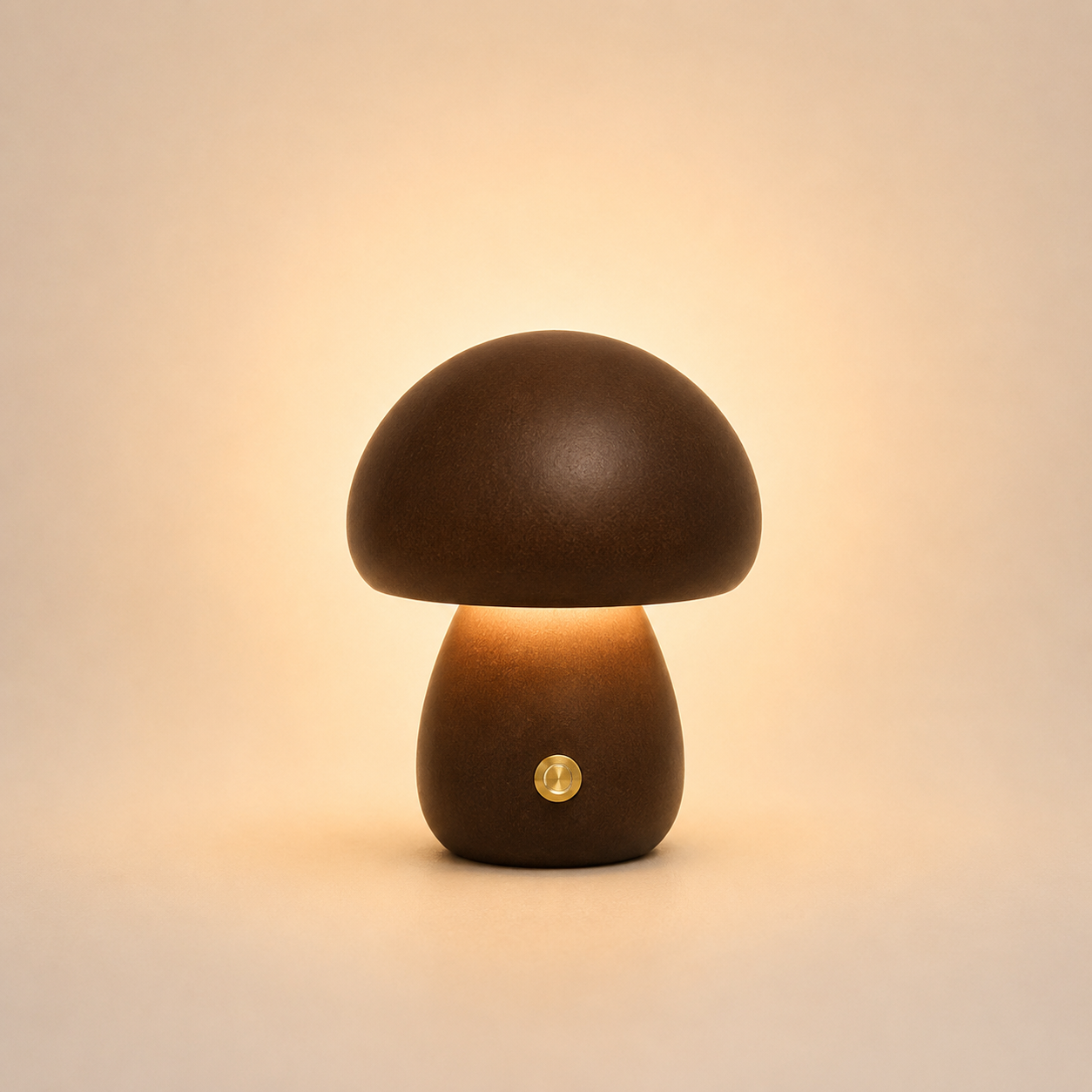 Petite lampe champignon en bois foncé rechargeable diffusant une lumière chaleureuse et réconfortante.