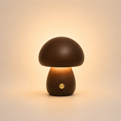 Petite lampe champignon en bois foncé rechargeable diffusant une lumière chaleureuse et réconfortante.