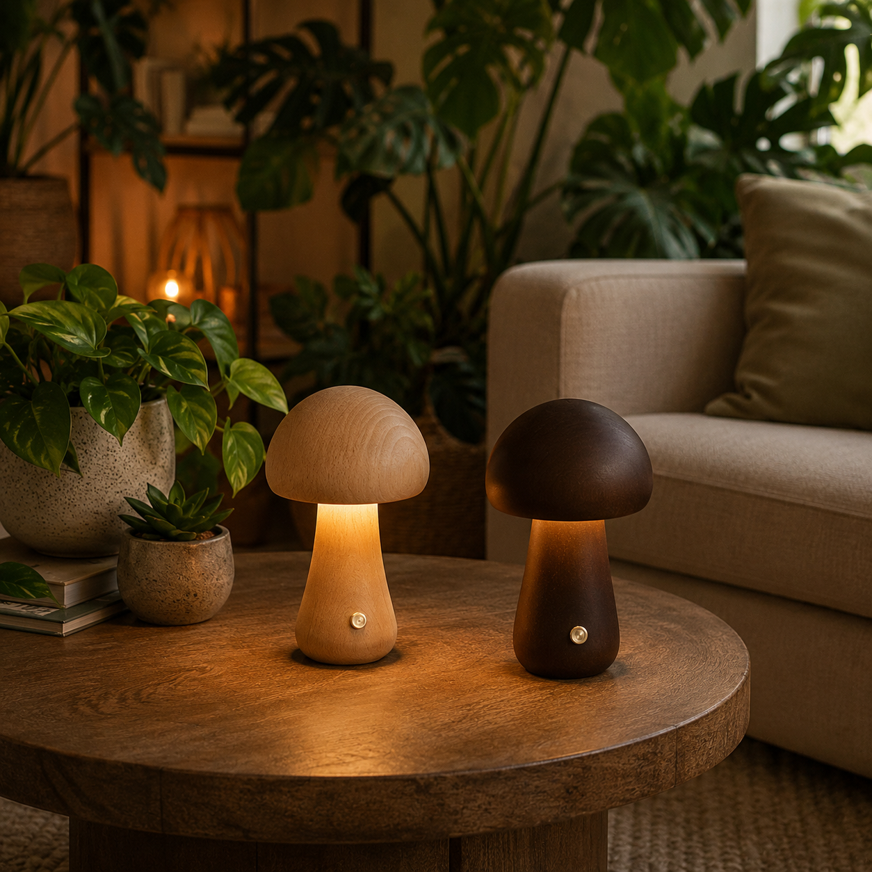Lampes champignon en bois naturel clair et foncé diffusant une lumière douce sur une table basse, au cœur d'un salon chaleureux inspiré de la nature.