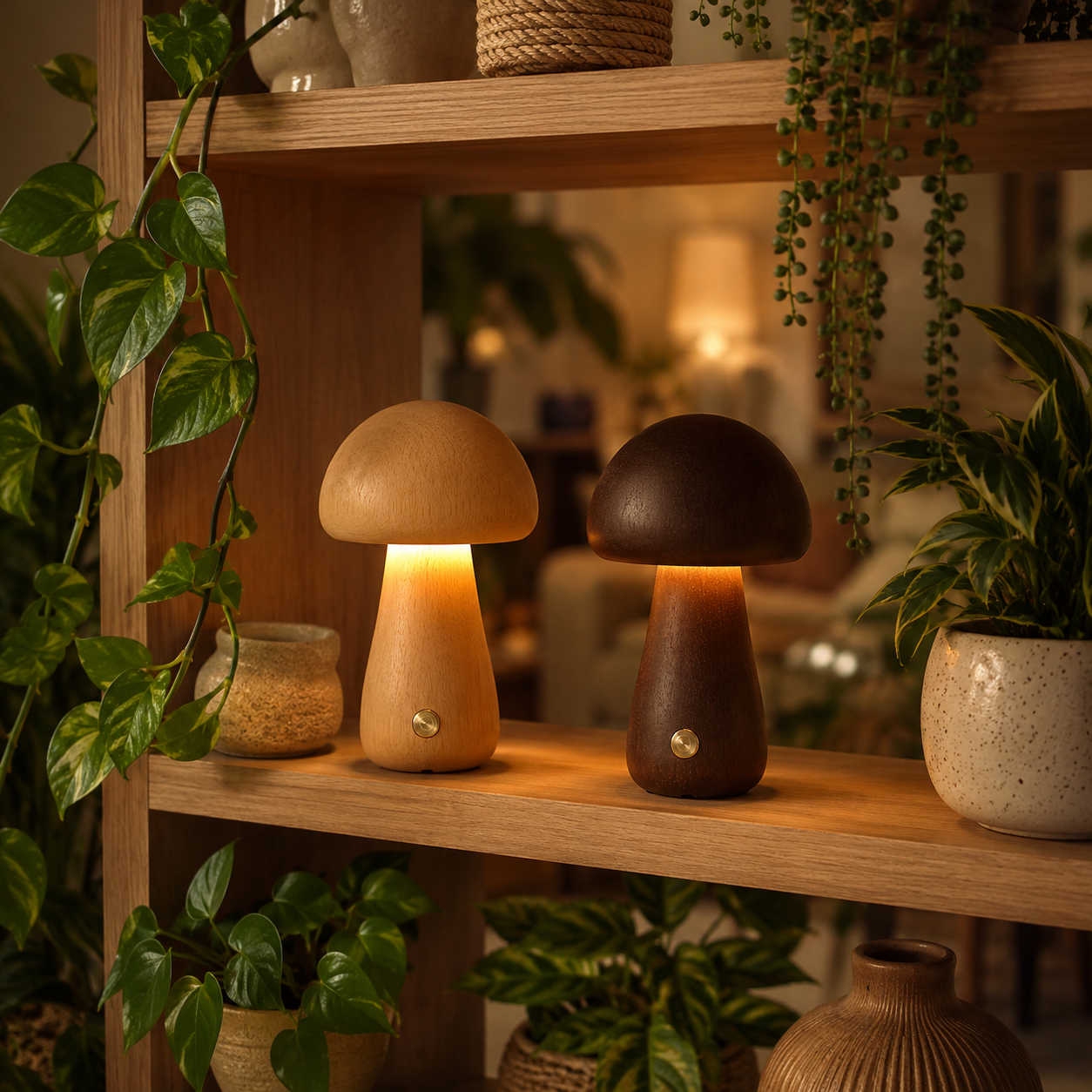 Deux lampes champignon en bois naturel clair et foncé illuminées sur une étagère en bois, entourées de plantes vertes luxuriantes dans un décor chaleureux inspiré de la nature et du bien-être.