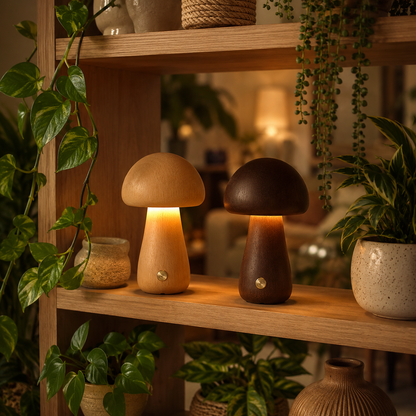 Deux lampes champignon en bois naturel clair et foncé illuminées sur une étagère en bois, entourées de plantes vertes luxuriantes dans un décor chaleureux inspiré de la nature et du bien-être.