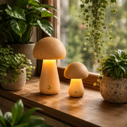 Lampe champignon grand format et lampe champignon petit format en bois naturel illuminées près d’une fenêtre, entourées de feuillages verts et de plantes suspendues dans un décor lumineux et réconfortant.