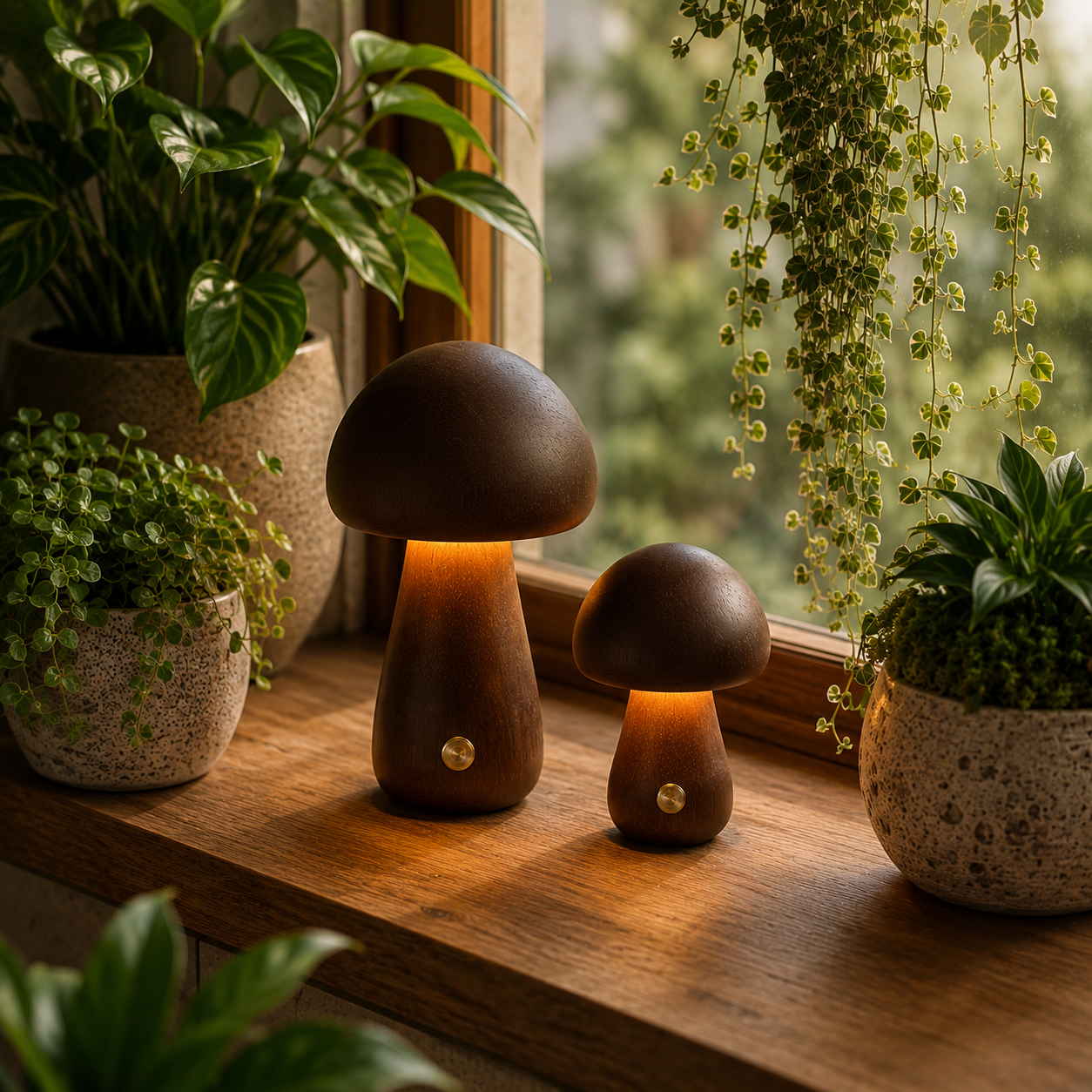 Grande et petite lampe champignon en bois naturel foncé diffusant une lumière douce sur le rebord d’une fenêtre, entourées de plantes vertes luxuriantes dans une ambiance chaleureuse inspirée de la nature.