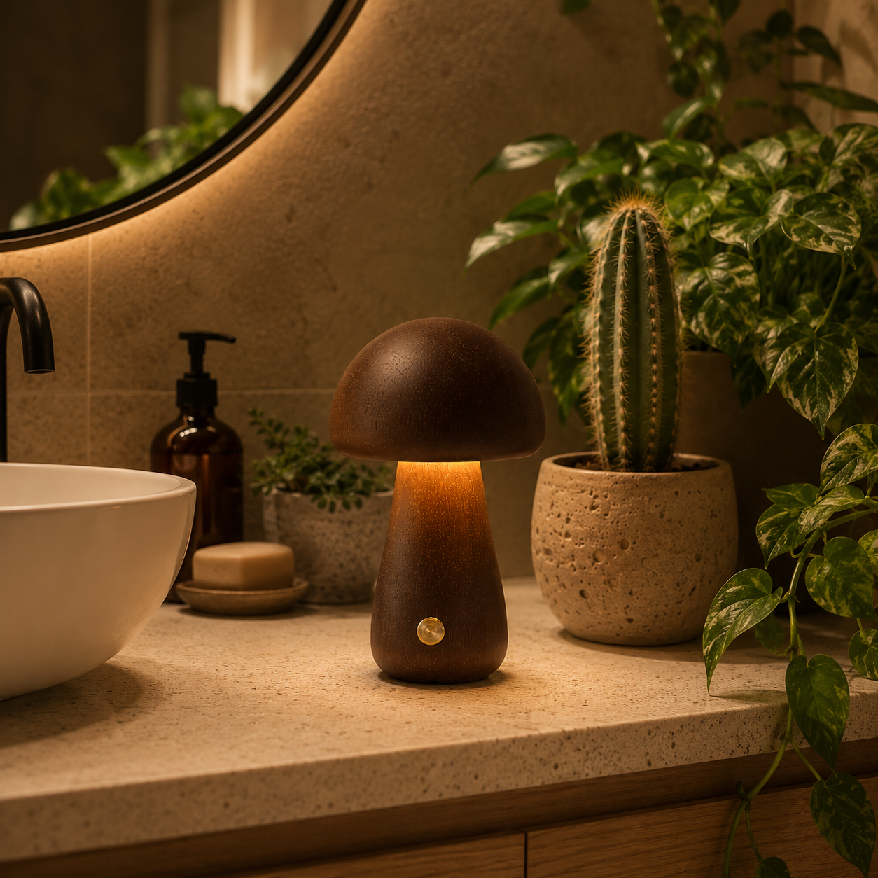 Lampe champignon en bois foncé créant une ambiance apaisante dans une salle de bain élégante, entourée de végétation luxuriante et de lumière chaleureuse.