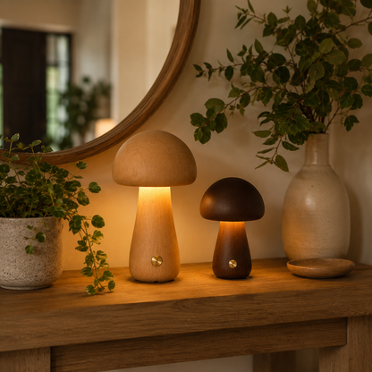 Grande lampe champignon en bois naturel clair et petite lampe champignon en bois foncé diffusant une lumière chaleureuse sur une console d’entrée décorée de plantes vertes dans une ambiance élégante et accueillante