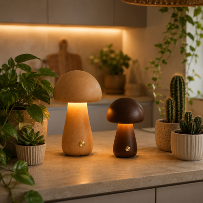 Lampe champignon grand format et lampe champignon petit format diffusant une lumière réconfortante au cœur d’une cuisine moderne, entourées de végétation luxuriante et de cactus décoratifs.