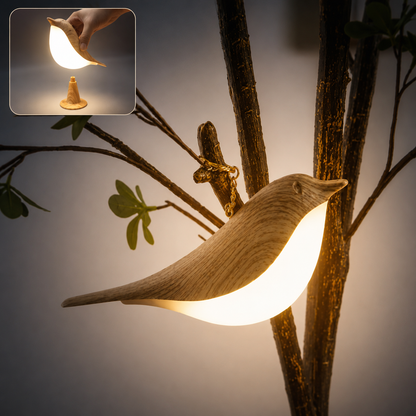 Lampe oiseau diffuseur d’huiles essentielles suspendue sur une branche, lumière LED chaleureuse rechargeable, décoration nature pour créer une ambiance zen et relaxante à la maison.