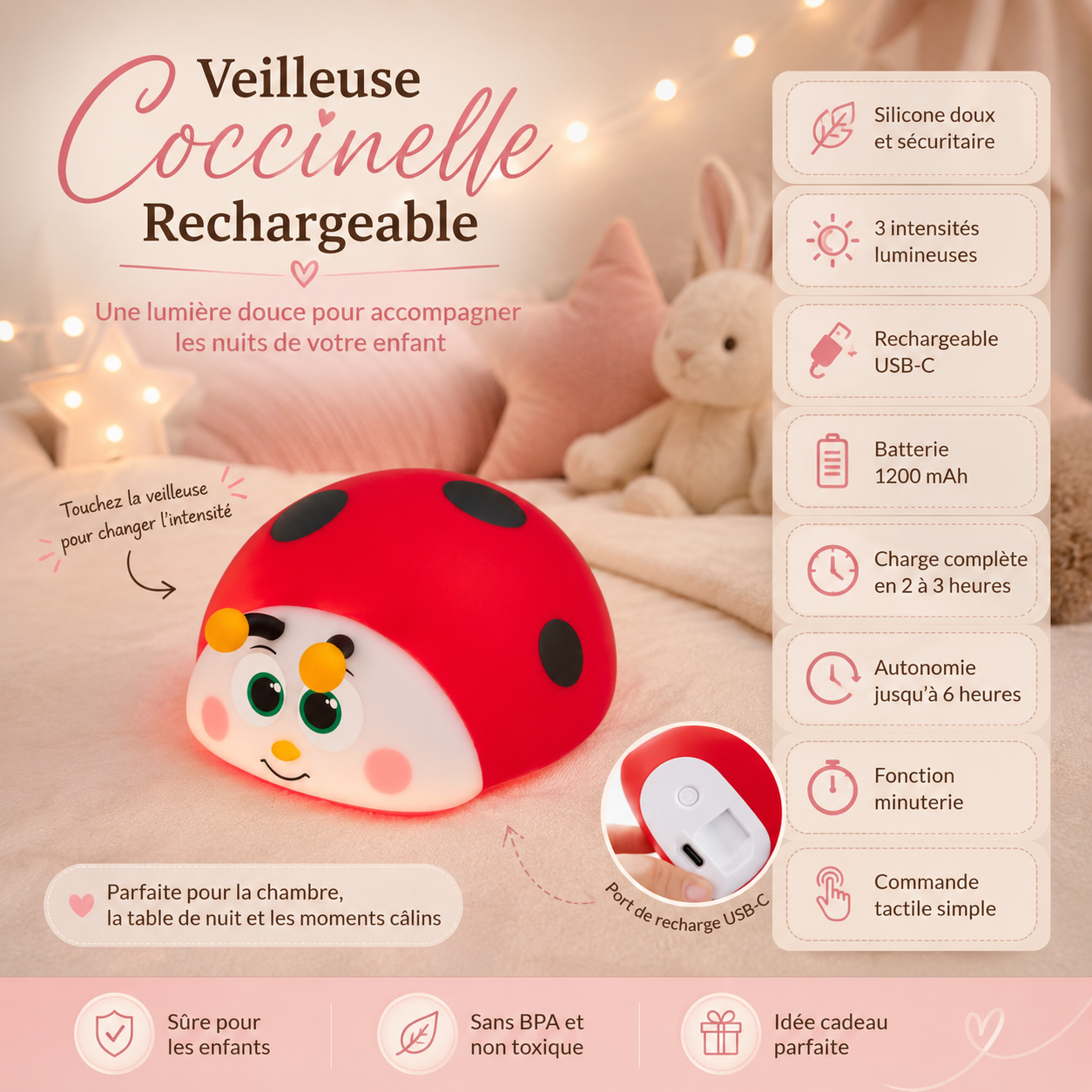 Infographie de la veilleuse coccinelle rechargeable en silicone, présentant ses 3 intensités lumineuses, sa recharge USB-C, sa batterie 1200 mAh et sa lumière douce pour accompagner les nuits des enfants.