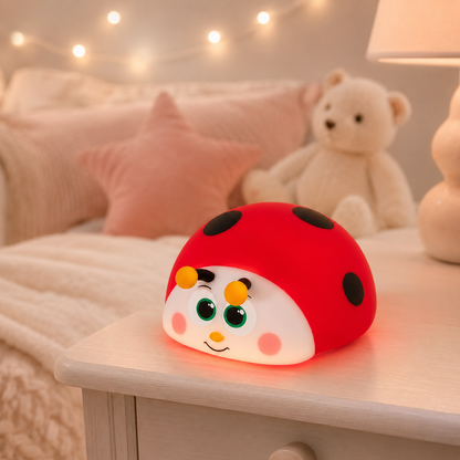 Veilleuse coccinelle rechargeable posée sur une table de nuit, diffusant une lumière douce dans une chambre d’enfant chaleureuse avec peluche, coussin rose et guirlande lumineuse.