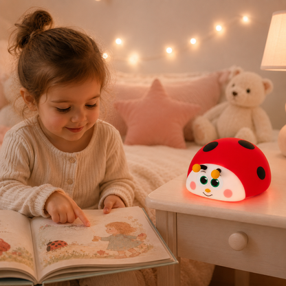 Petite fille feuilletant un livre illustré avant le coucher, près d’une veilleuse coccinelle rechargeable diffusant une lumière douce dans une chambre d’enfant chaleureuse avec guirlande lumineuse.