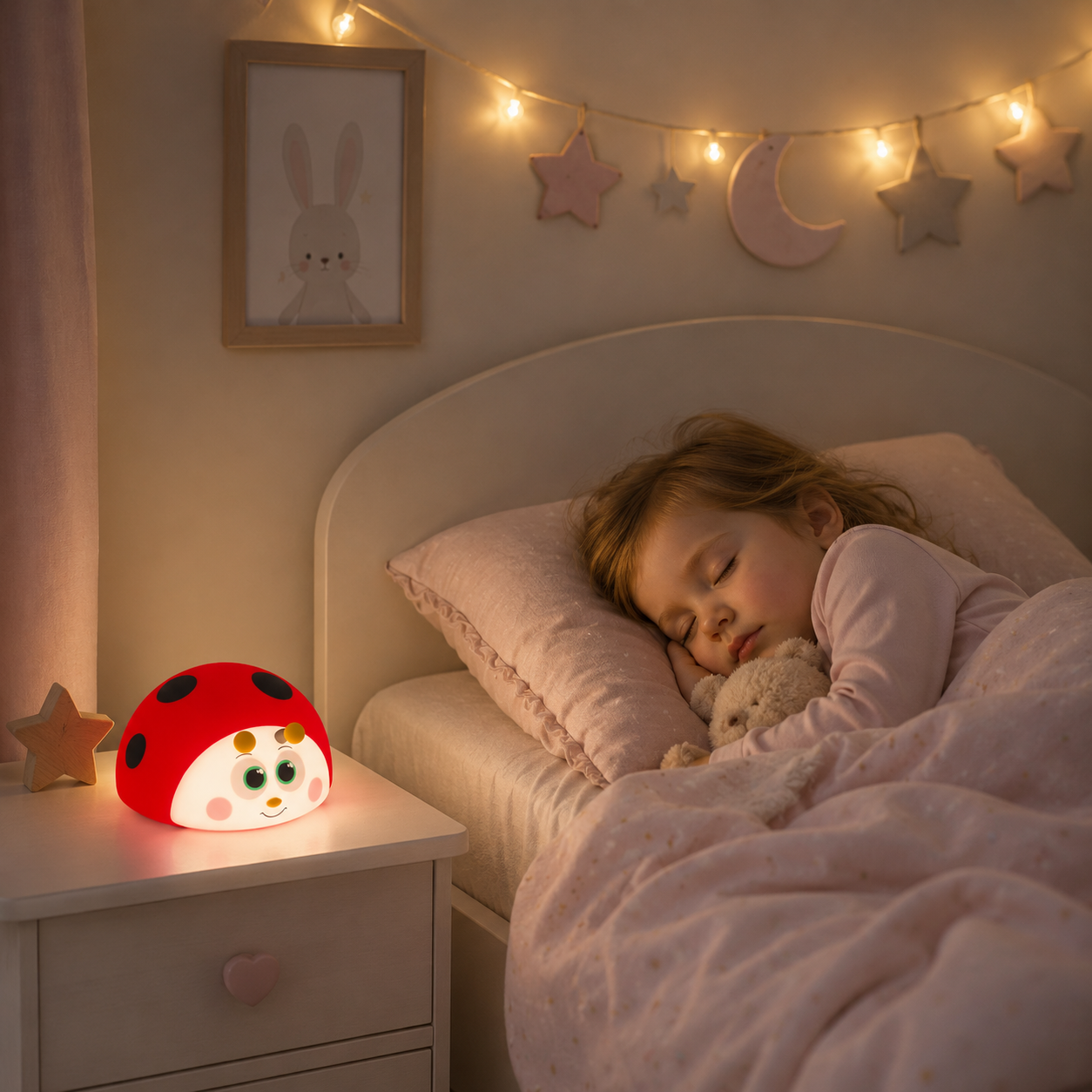 Petite fille paisiblement endormie dans son lit près d’une veilleuse coccinelle rechargeable diffusant une lumière douce, dans une chambre d’enfant chaleureuse décorée d’une guirlande lumineuse.