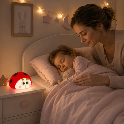Une maman borde tendrement sa petite fille endormie près d’une veilleuse coccinelle rechargeable diffusant une lumière douce, dans une chambre d’enfant chaleureuse avec guirlande lumineuse.