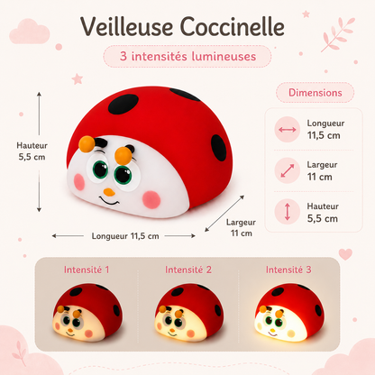 Infographie de la veilleuse coccinelle rechargeable en silicone, présentant ses dimensions 11,5 x 11 x 5,5 cm et ses 3 intensités lumineuses pour créer une lumière douce et apaisante dans la chambre d’enfant.