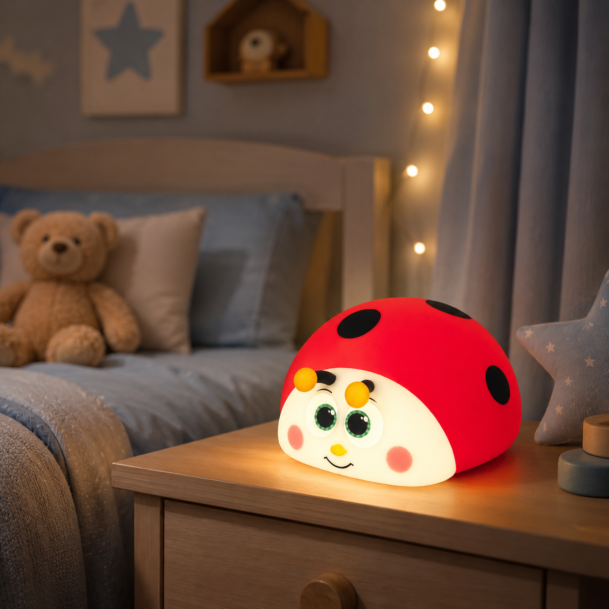 Veilleuse coccinelle rechargeable posée sur une table de nuit, diffusant une lumière douce et rassurante dans une chambre de garçon aux tons bleus avec peluche, étoile et guirlande lumineuse.