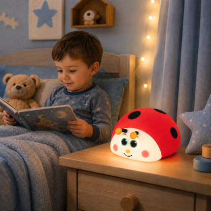 Jeune garçon lisant un livre dans son lit près d’une veilleuse coccinelle rechargeable, diffusant une lumière douce et rassurante dans une chambre d’enfant aux tons bleus avec guirlande lumineuse.