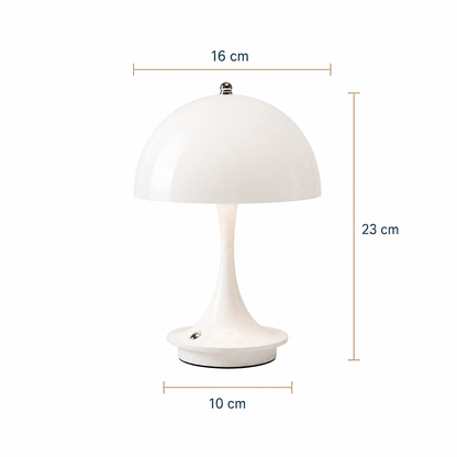 Infographie des dimensions de la lampe de table champignon rechargeable USB blanche. Format compact de 23 cm de hauteur, 16 cm de largeur et base de 10 cm, idéale comme lampe d'ambiance ou lampe de chevet moderne.