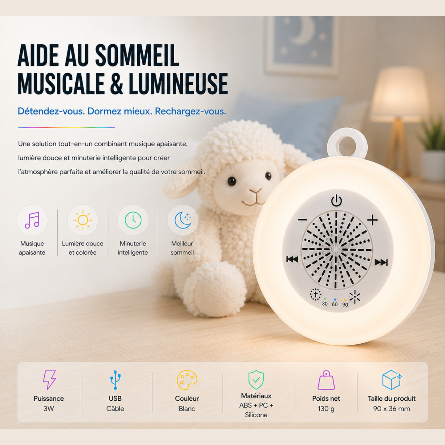 Infographie de la veilleuse Bruits Blancs & Projection Univers Luméa présentant une lumière douce multicolore, 22 sons apaisants, une minuterie intelligente, une alimentation USB et un design compact, accompagnée d'une peluche mouton dans une chambre d'enfant aux tons greige et bleu poudre.