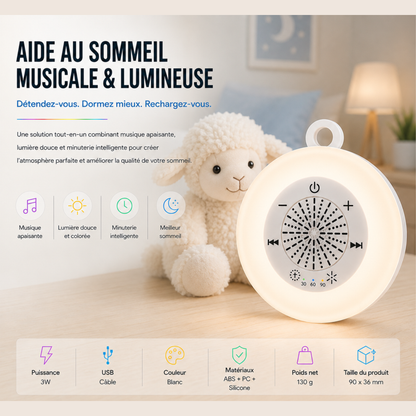 Infographie de la veilleuse Bruits Blancs & Projection Univers Luméa présentant une lumière douce multicolore, 22 sons apaisants, une minuterie intelligente, une alimentation USB et un design compact, accompagnée d'une peluche mouton dans une chambre d'enfant aux tons greige et bleu poudre.