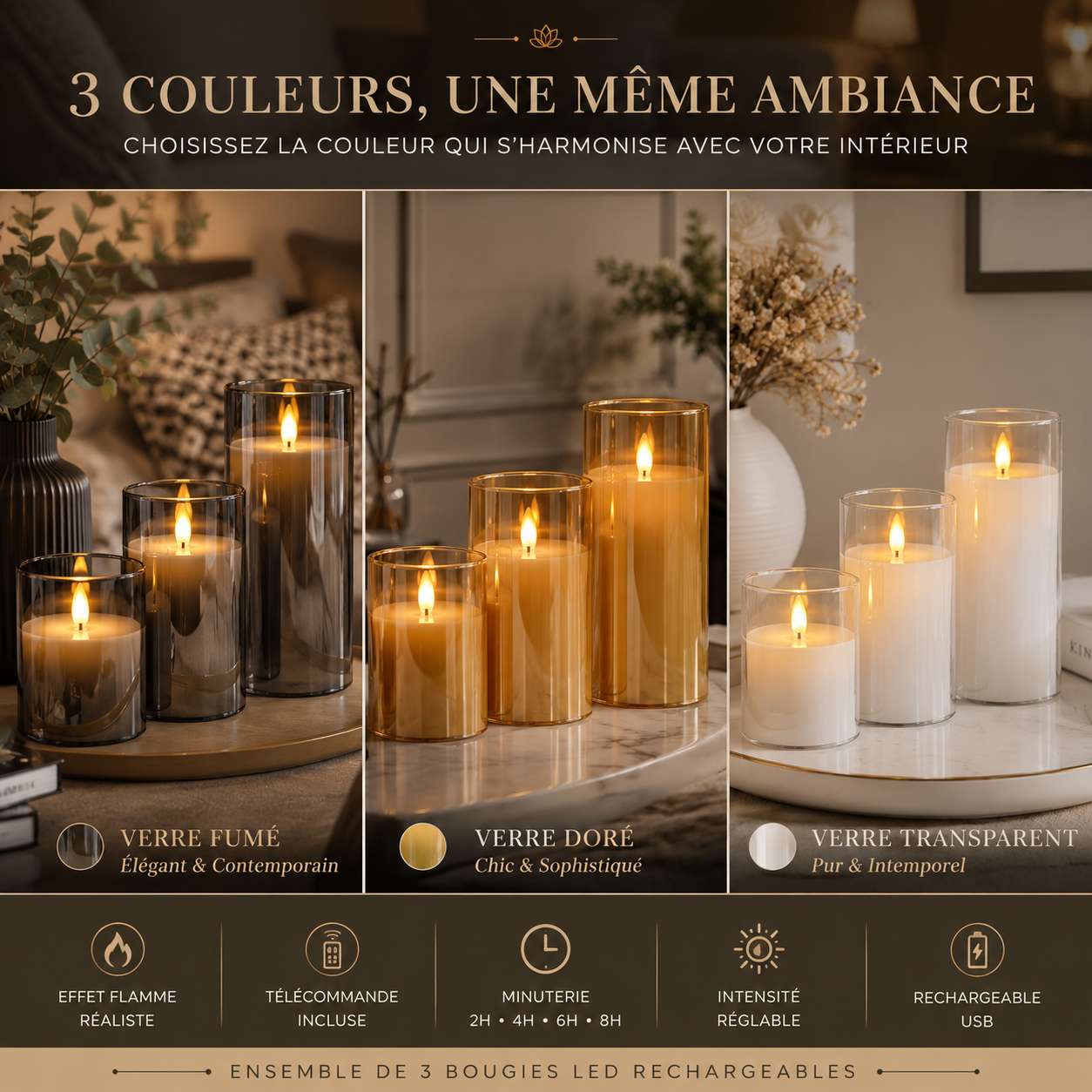 Infographie des bougies LED rechargeables Harmonie & Élégance disponibles en verre fumé, doré et transparent, avec effet flamme réaliste, télécommande, minuterie et recharge USB.