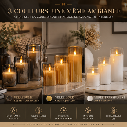 Infographie des bougies LED rechargeables Harmonie & Élégance disponibles en verre fumé, doré et transparent, avec effet flamme réaliste, télécommande, minuterie et recharge USB.