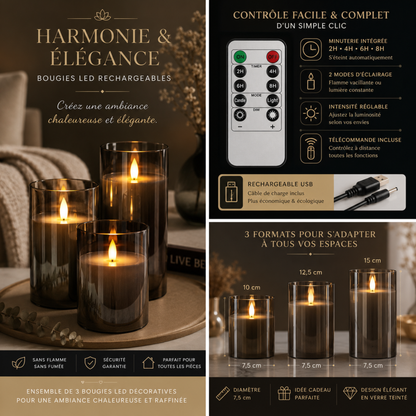 Infographie des bougies LED rechargeables Harmonie & Élégance en verre fumé avec télécommande, minuterie programmable, intensité réglable, recharge USB et trois formats décoratifs pour une ambiance élégante et chaleureuse.