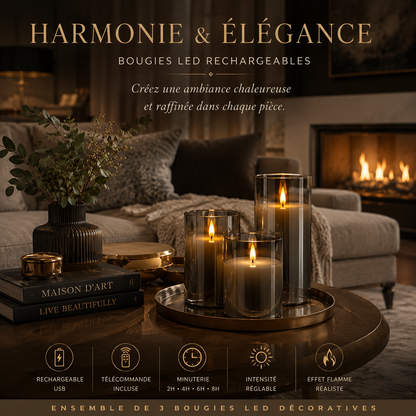 Infographie des bougies LED rechargeables Harmonie & Élégance dans un salon avec foyer, mettant en valeur l’effet flamme réaliste, la télécommande, la minuterie intégrée, l’intensité réglable et la recharge USB pour une ambiance élégante et apaisante.