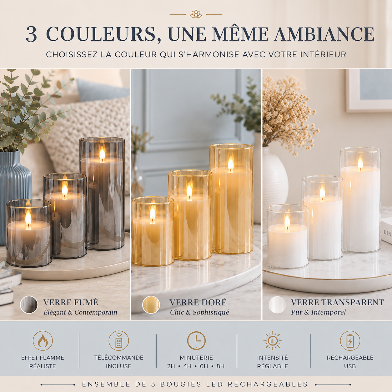 Infographie présentant un ensemble de 3 bougies LED rechargeables disponibles en verre fumé, verre doré et verre transparent. Comparatif des trois couleurs avec effet flamme réaliste, télécommande incluse, minuterie 2 h, 4 h, 6 h et 8 h, intensité réglable et recharge USB. Bougies décoratives idéales pour créer une ambiance chaleureuse, élégante et moderne dans le salon, la chambre ou la salle à manger.