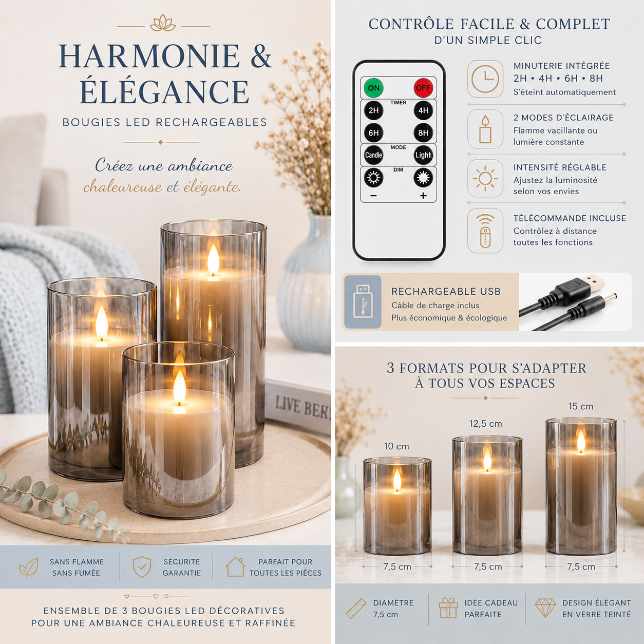 Infographie complète présentant l'ensemble de 3 bougies LED rechargeables Harmonie & Élégance en verre fumé. L'image met en avant la télécommande, le câble USB, les fonctions de minuterie 2 h, 4 h, 6 h et 8 h, les deux modes d'éclairage, l'intensité réglable, les trois formats (10 cm, 12,5 cm et 15 cm) ainsi que les principaux avantages : sans flamme, rechargeable USB, sécuritaire et idéale pour créer une ambiance chaleureuse et élégante dans toutes les pièces de la maison.