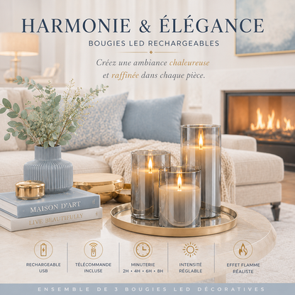 Infographie présentant l'ensemble Harmonie & Élégance de 3 bougies LED rechargeables en verre fumé, disposées sur un plateau décoratif dans un salon chaleureux avec foyer. L'image met en avant une ambiance élégante et raffinée ainsi que les principales caractéristiques : rechargeable USB, télécommande incluse, minuterie programmable de 2 h, 4 h, 6 h et 8 h, intensité lumineuse réglable et effet flamme réaliste pour une décoration sécuritaire sans flamme.